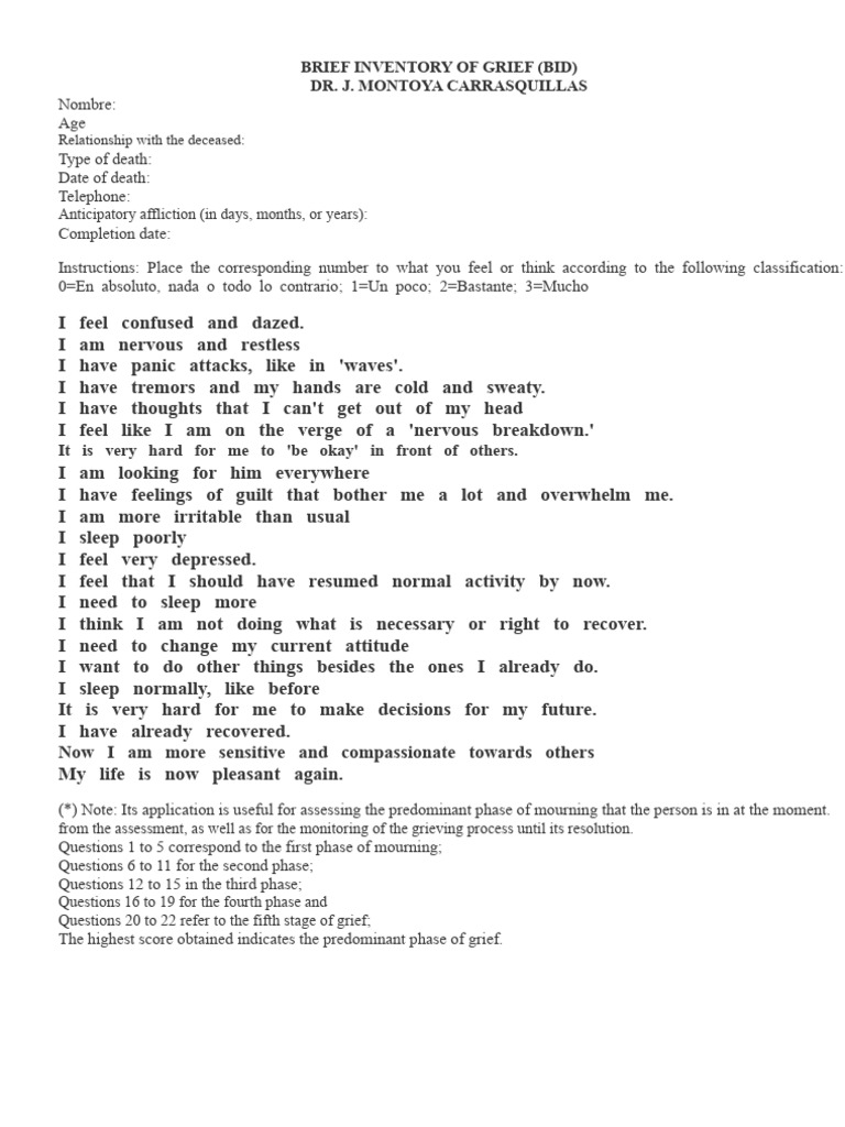 Grief Inventory Assessment Tool | PDF