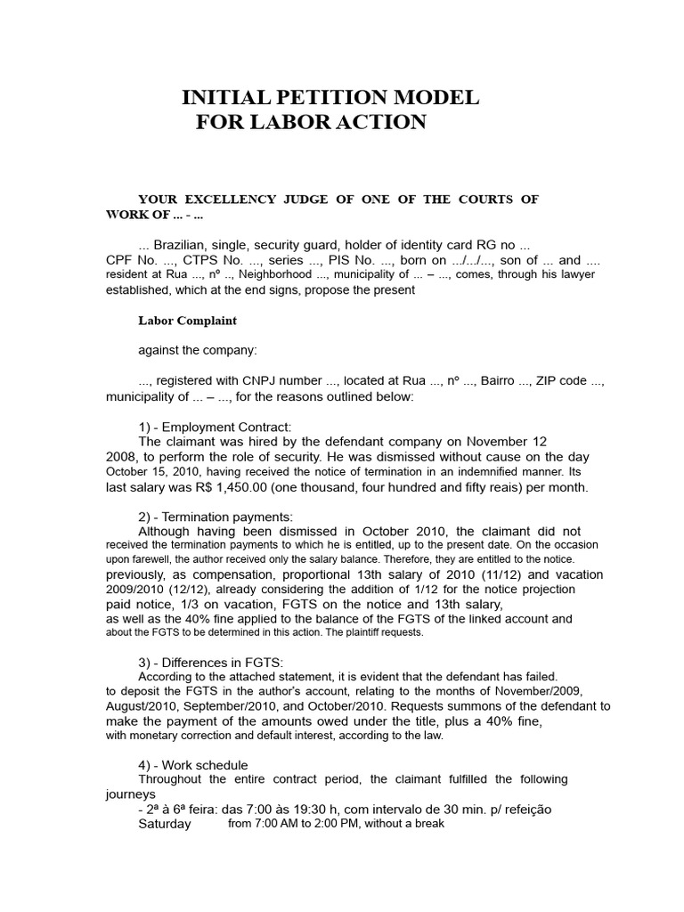 Model of Initial Labor Petition | PDF | Salary | Overtime