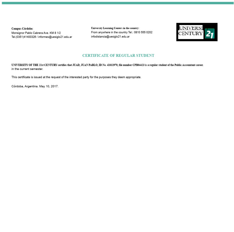 Regular Student Certificate PDF | PDF