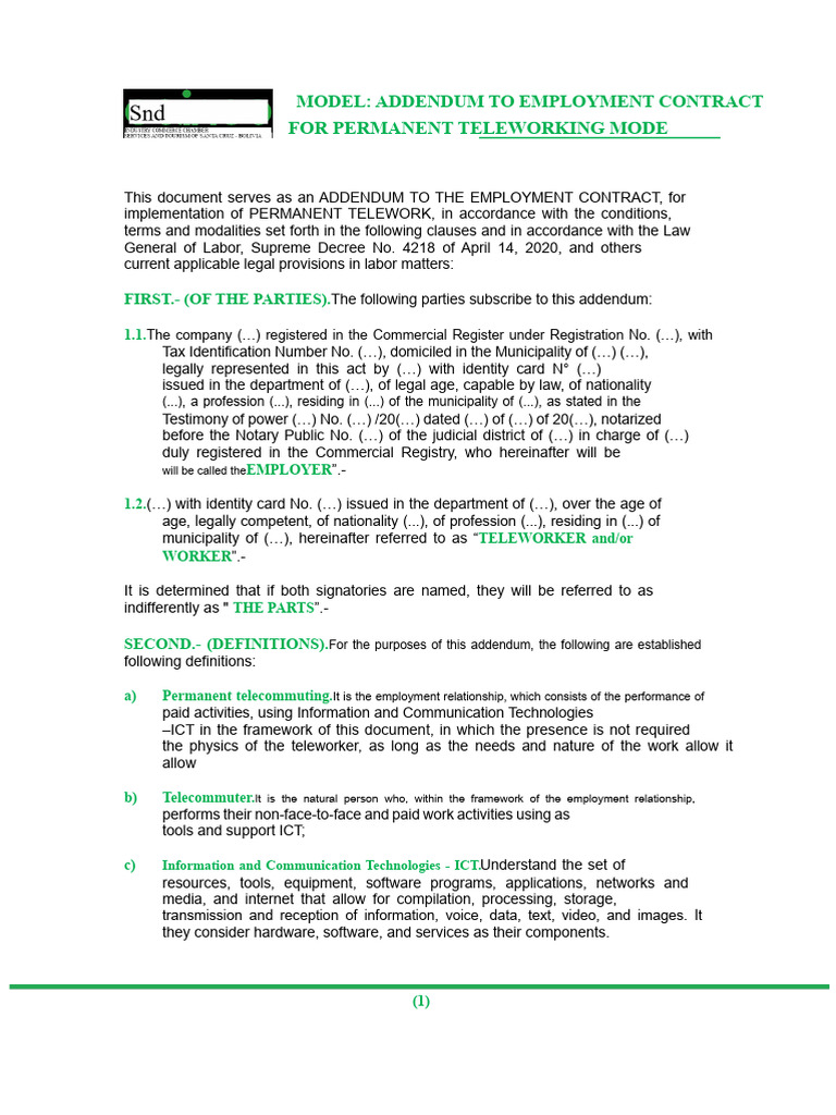 Employment Contract Addendum for Telework | PDF | Employment | Privacy