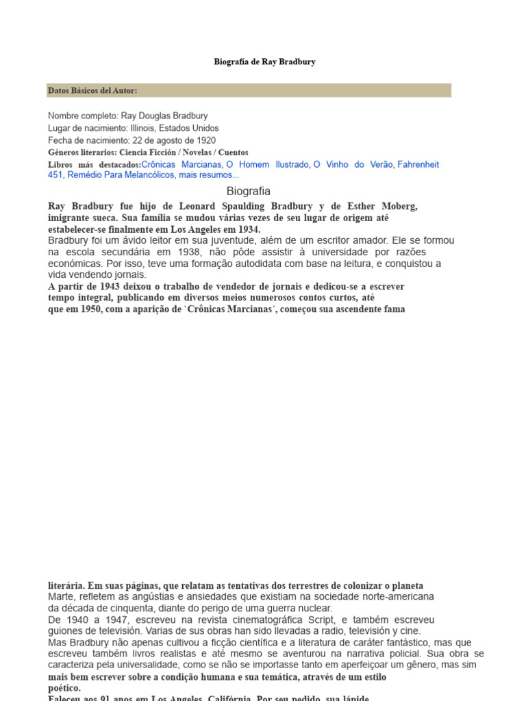 Biografia de Ray Bradbury (1).docx | PDF