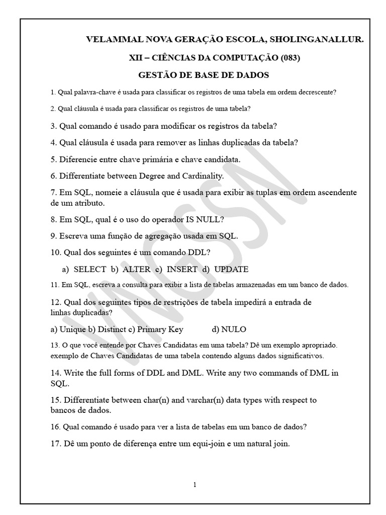Questões de SQL e Banco de Dados | PDF | SQL | Tabela (banco de dados)