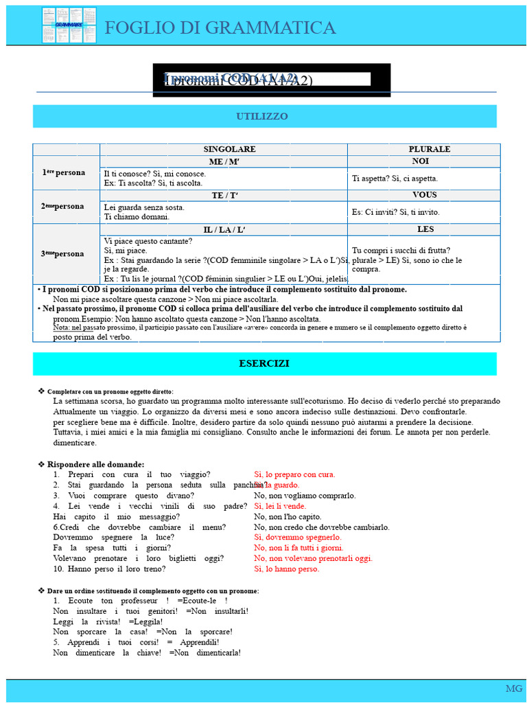 A1-A2 Grammatica Pronomi-Cod Corretto | PDF