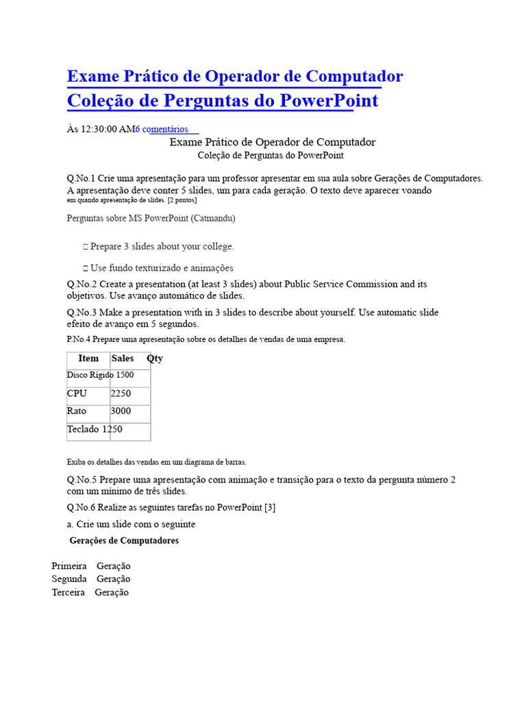 Exame Prático para Operador de Computador | PDF | Informática | Esboço
