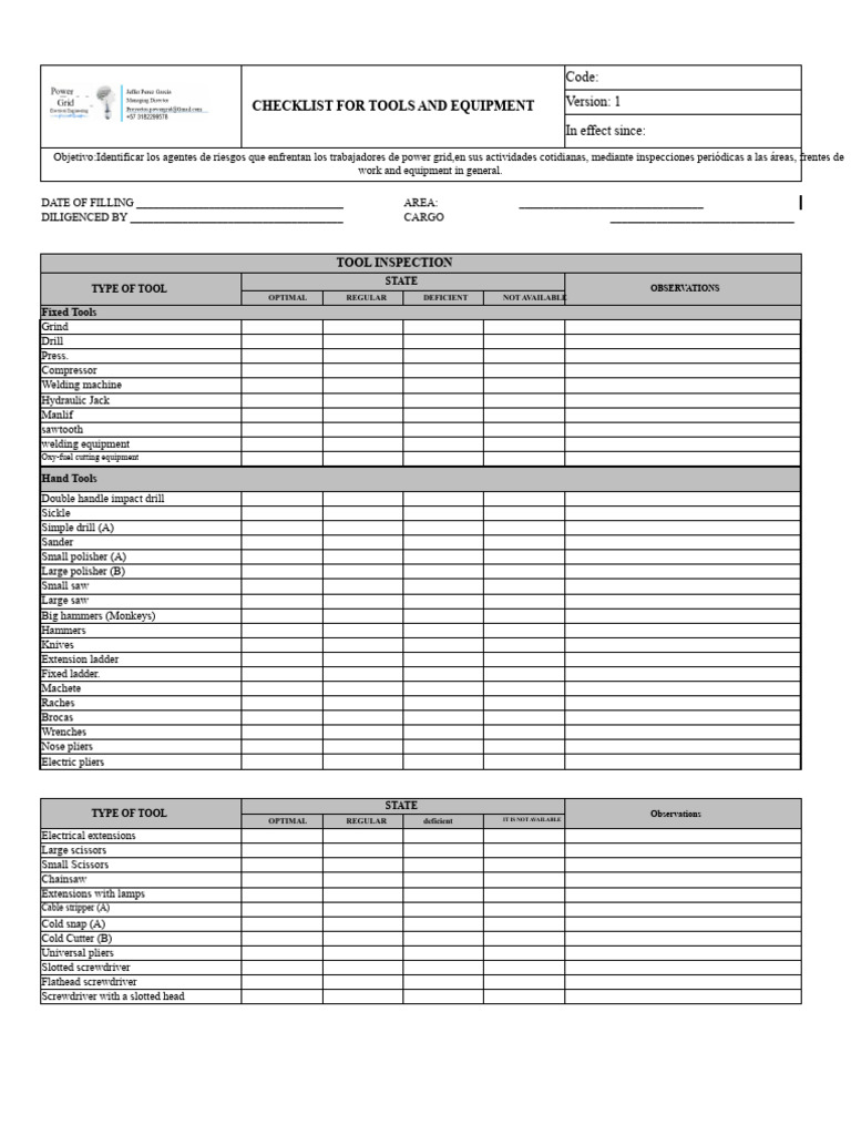 Power Grid Tool Inspection Checklist | PDF | Tools | Drill