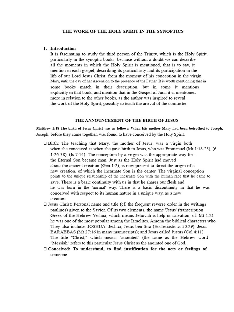 The Work of The Holy Spirit in The Synoptics | PDF | Jesus | Baptism