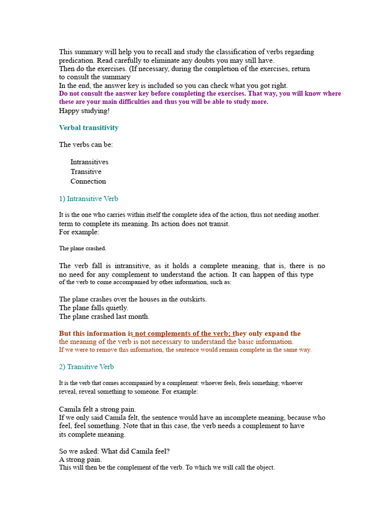 Verb Classification and Exercises Guide | PDF | Verb | Linguistic ...