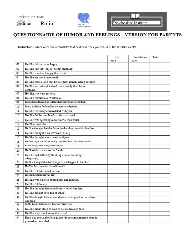 Parent Questionnaire on Child's Emotions | PDF | Major Depressive ...