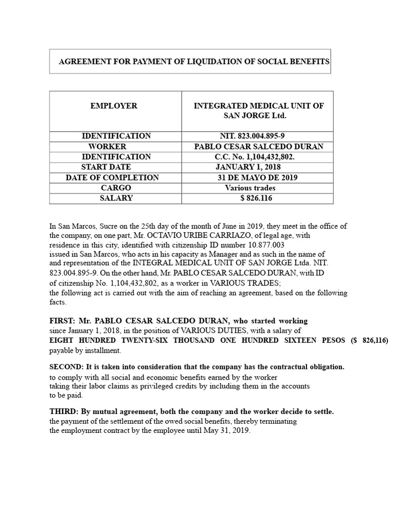 Liquidation Agreement for Social Benefits | PDF | Employment | Labor