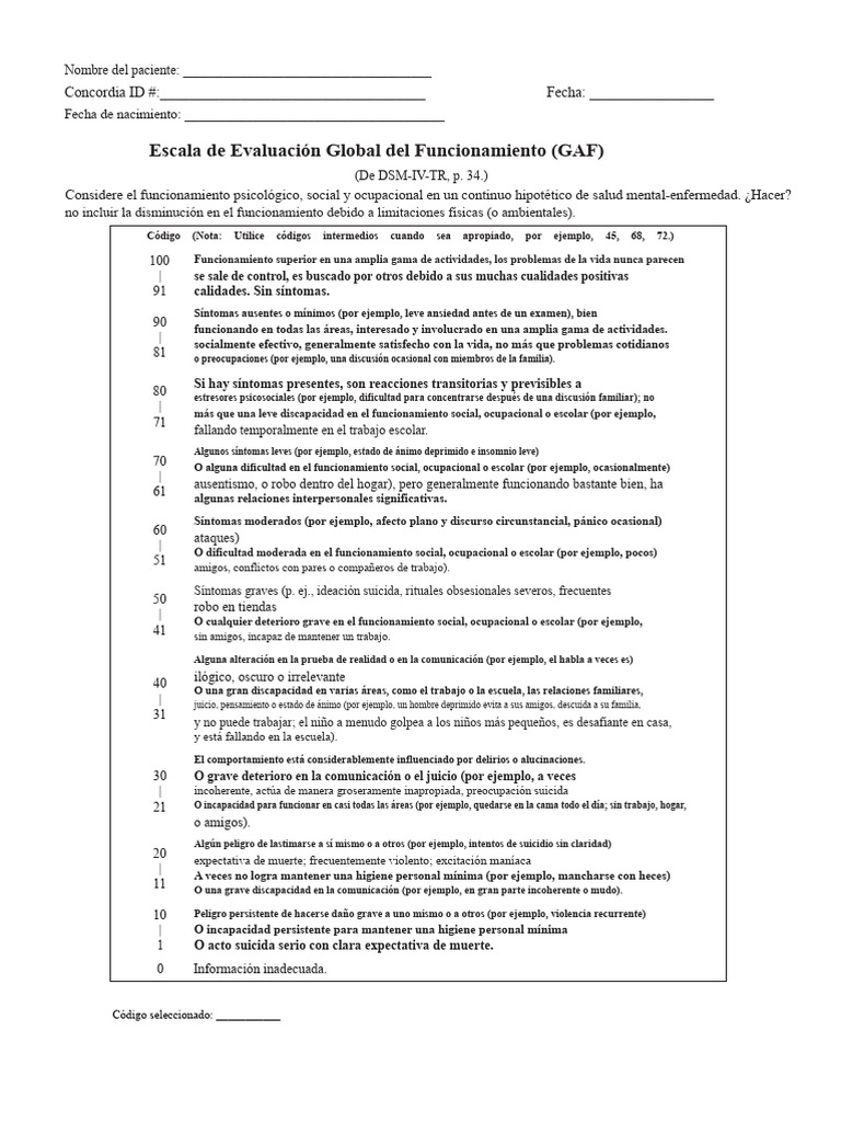 Escala GAF: Evaluación de Funcionamiento Mental | PDF | Ansiedad ...