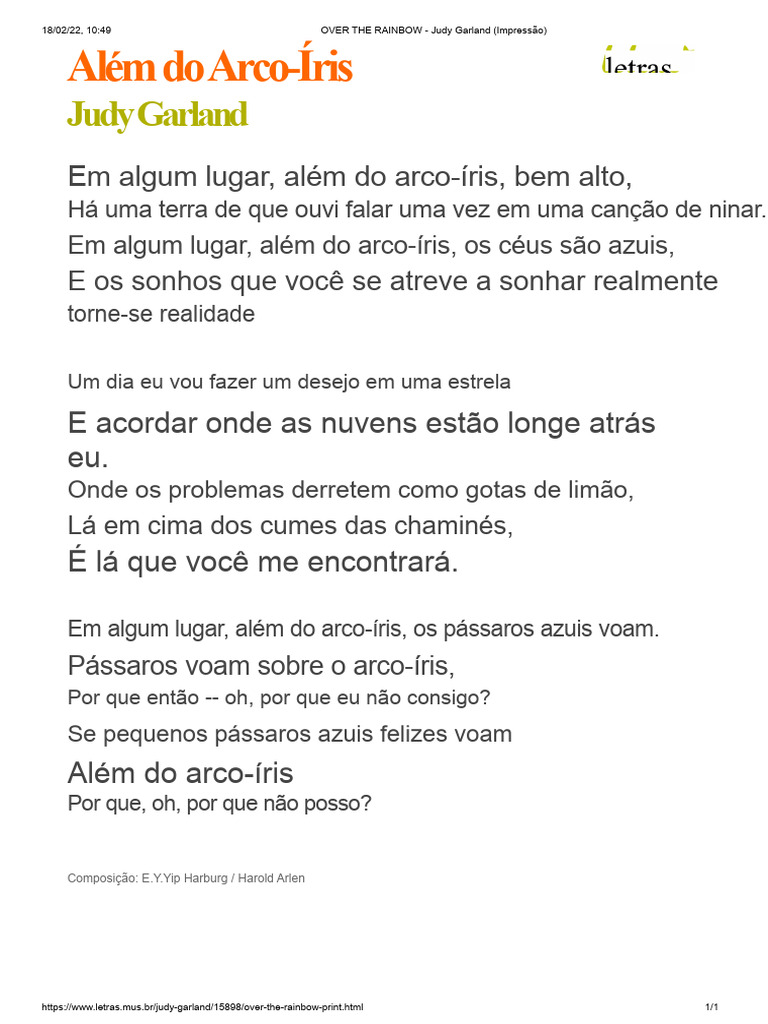 Além do Arco-Íris - Judy Garland (Impressão) | PDF