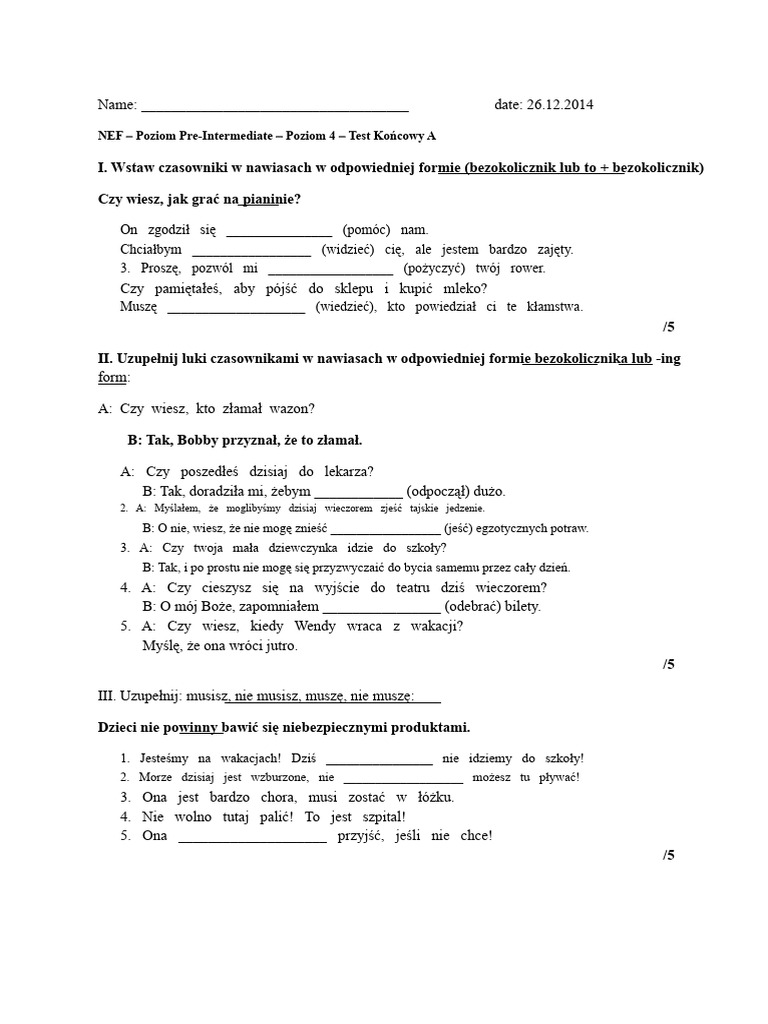 NEF - Poziom Pre-Intermediate - Poziom 4 - Test Końcowy A | PDF