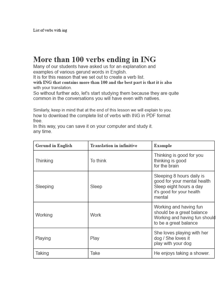 List of 100+ Verbs Ending in ING | PDF | English Language