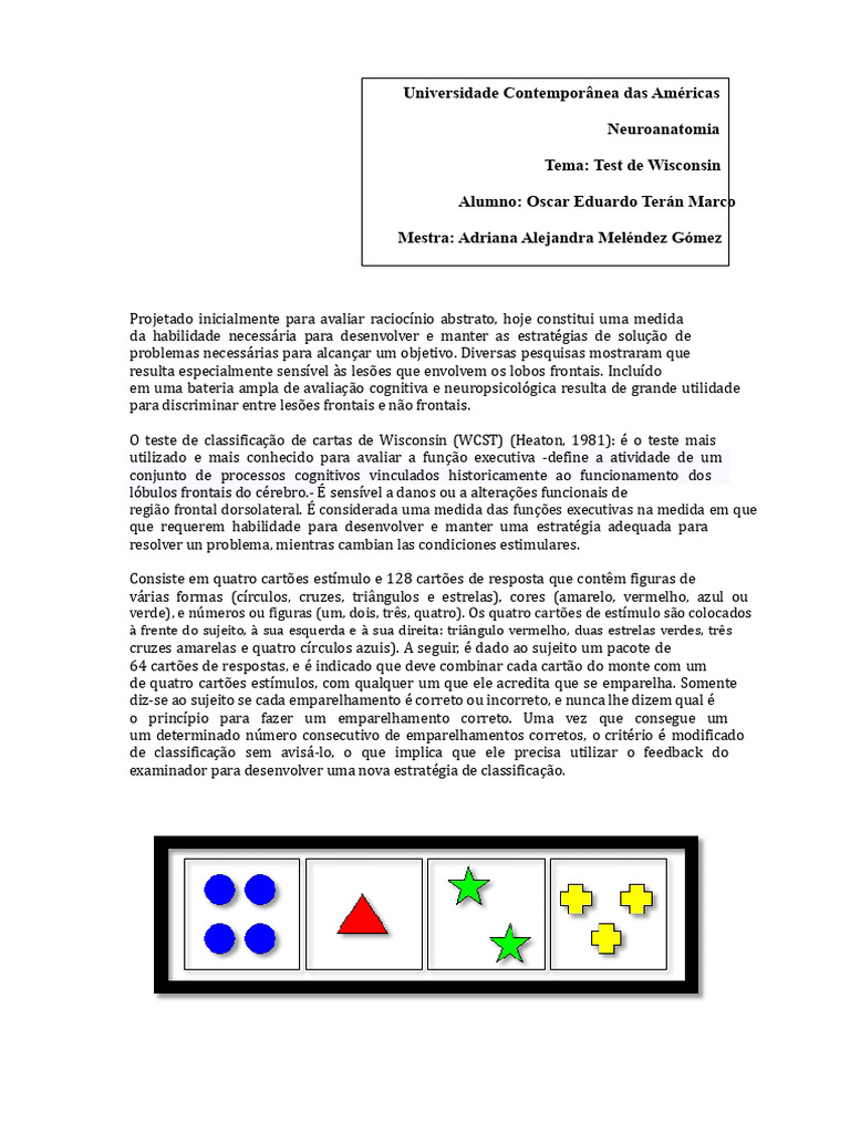 Teste de Wisconsin: Avaliação Cognitiva | PDF | Neuropsicologia ...