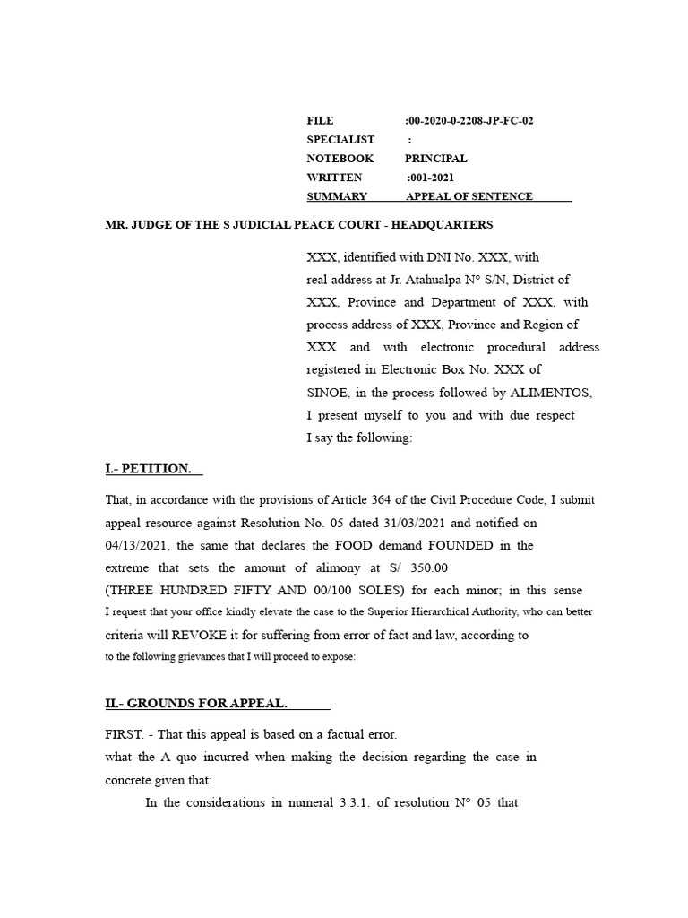 Model of Appeal of Alimony Sentence | PDF | Due Process | Child Support