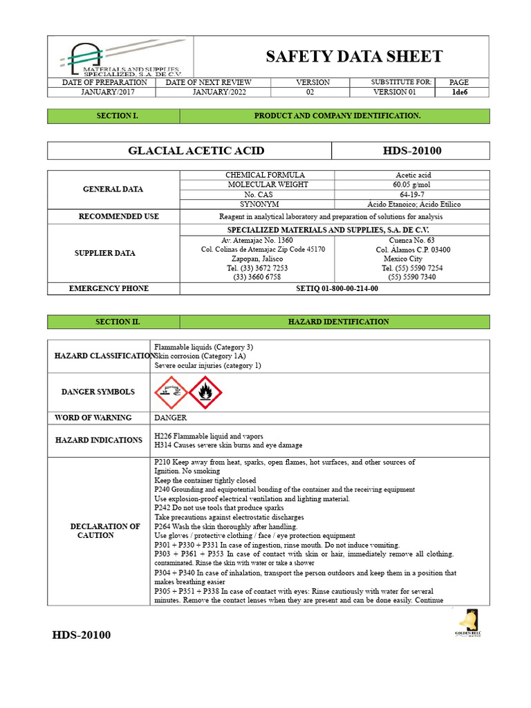 GLACIAL ACETIC ACID safety data sheet | PDF | Materials | Occupational ...