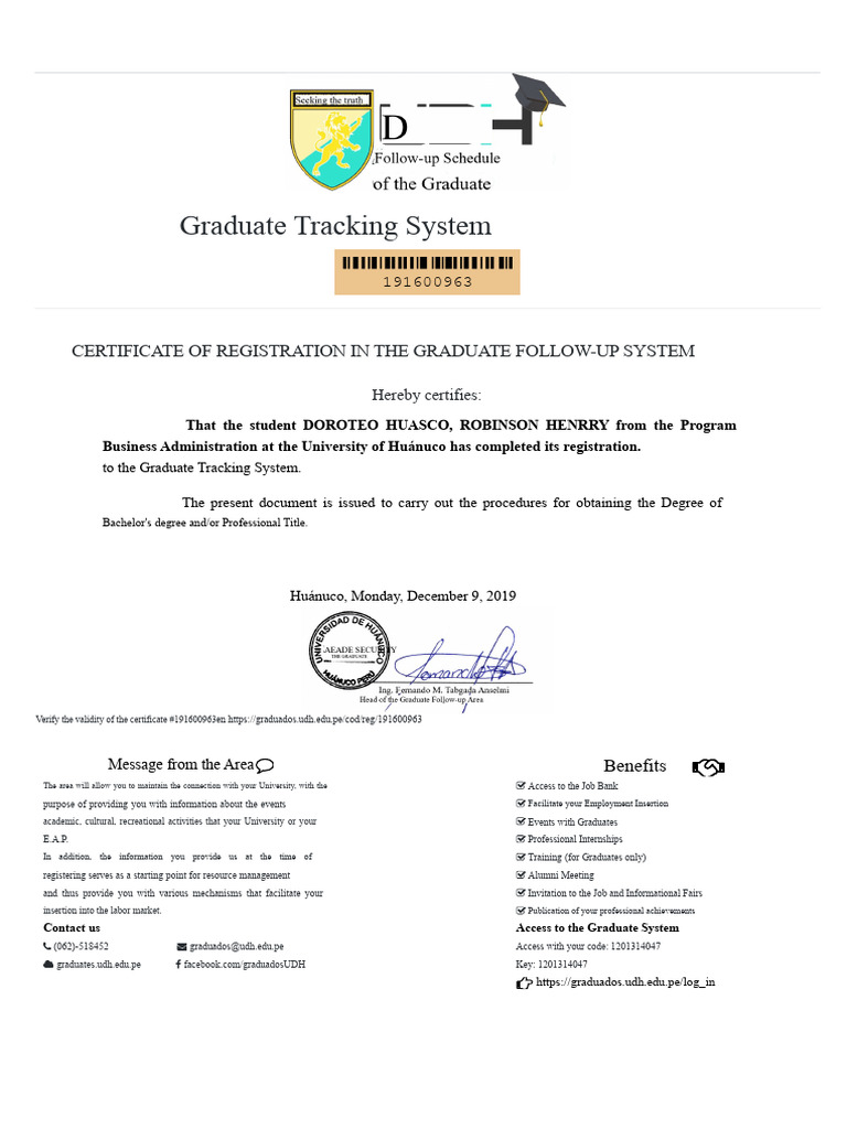 Certificate of Registration in The Graduate Tracking System PDF | PDF