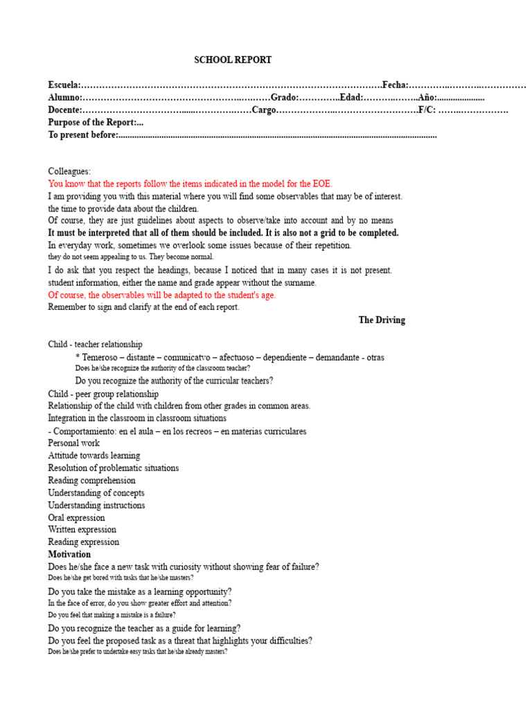 Comprehensive School Report Template | PDF | Attention | Teachers