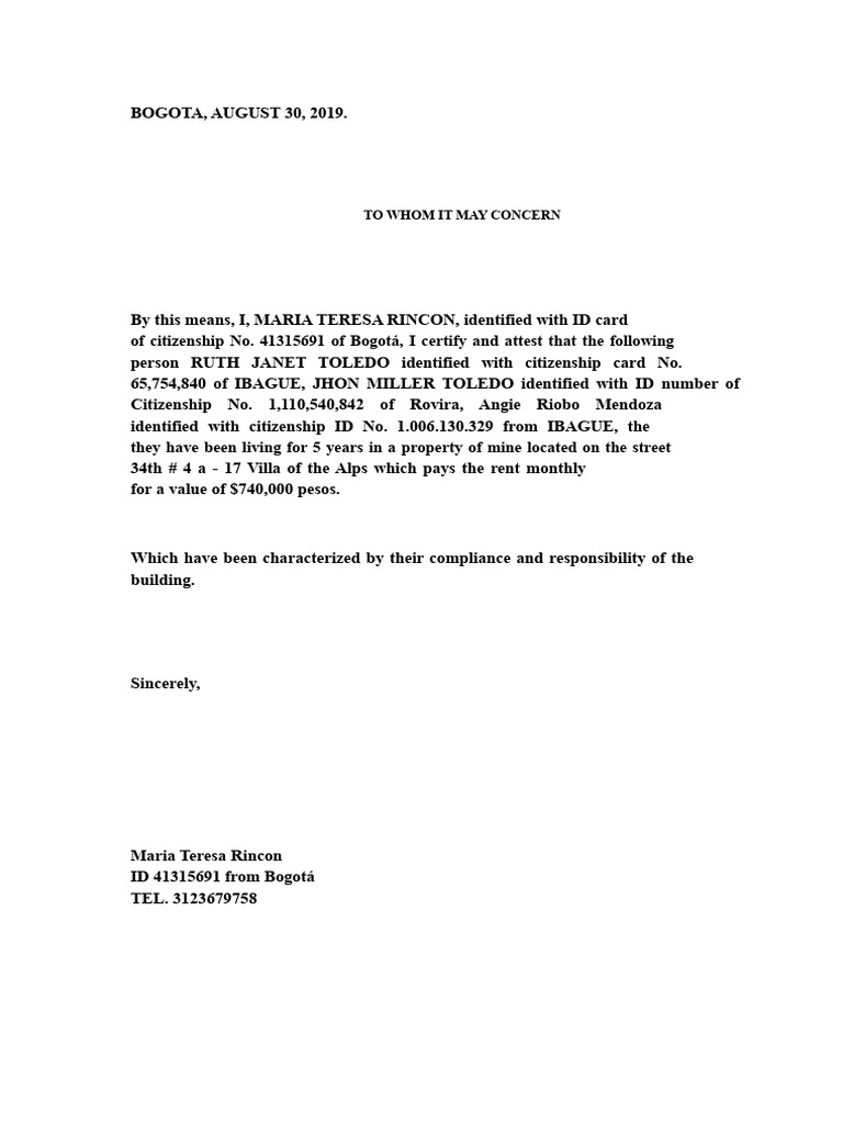 Rental Certification for Tenants in Bogotá | PDF