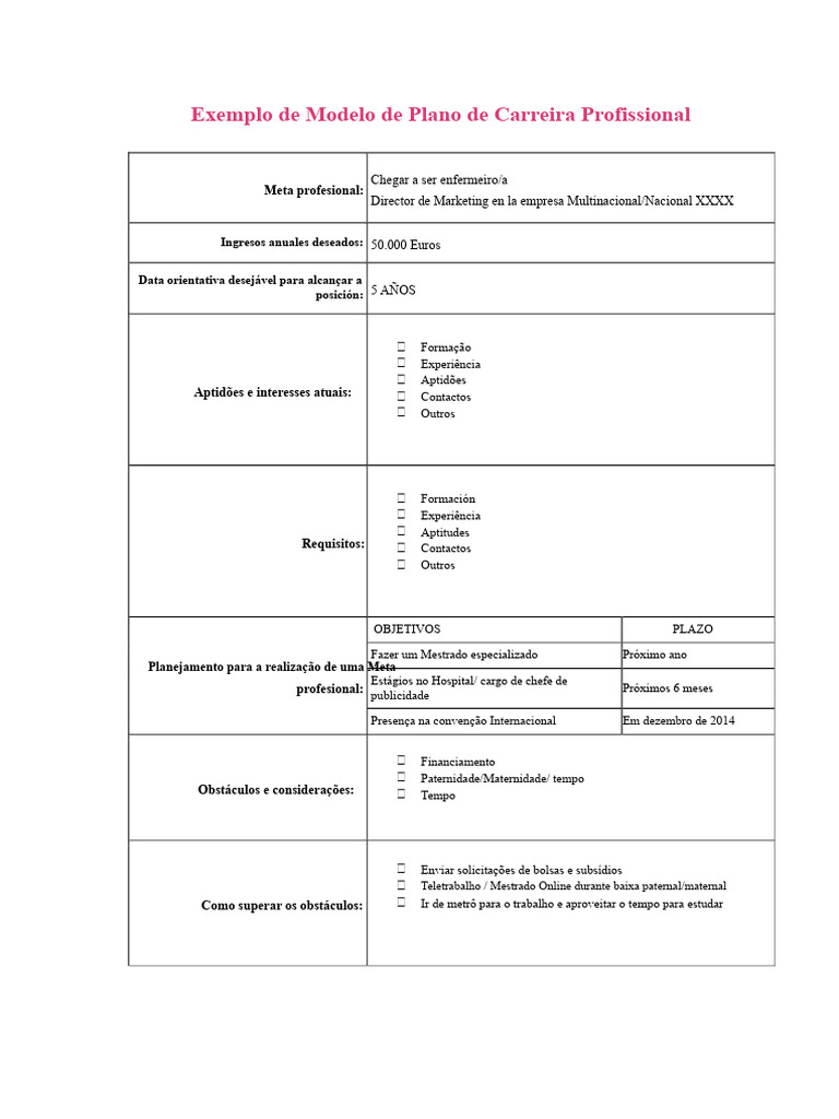Modelo de Plano de Carreira Profissional | PDF