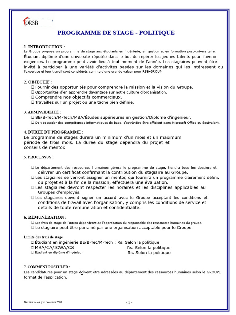 Programme de Stage RSB-GROUP 2023 | PDF