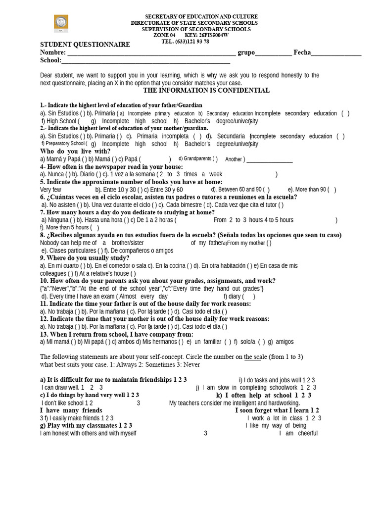 Student Learning Support Questionnaire | PDF | Motivation | Motivational