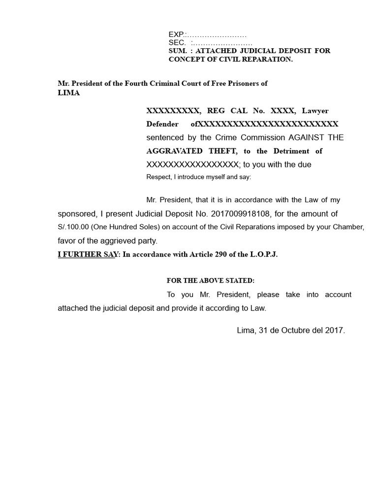 ATTACHED JUDICIAL DEPOSIT FOR THE CONCEPT OF CIVIL REPARATION | PDF