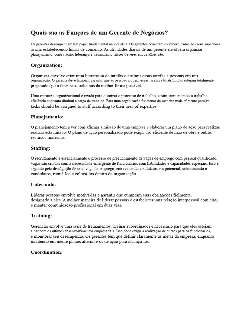 Funções Essenciais do Gerente de Negócios | PDF | Gestão de recursos ...