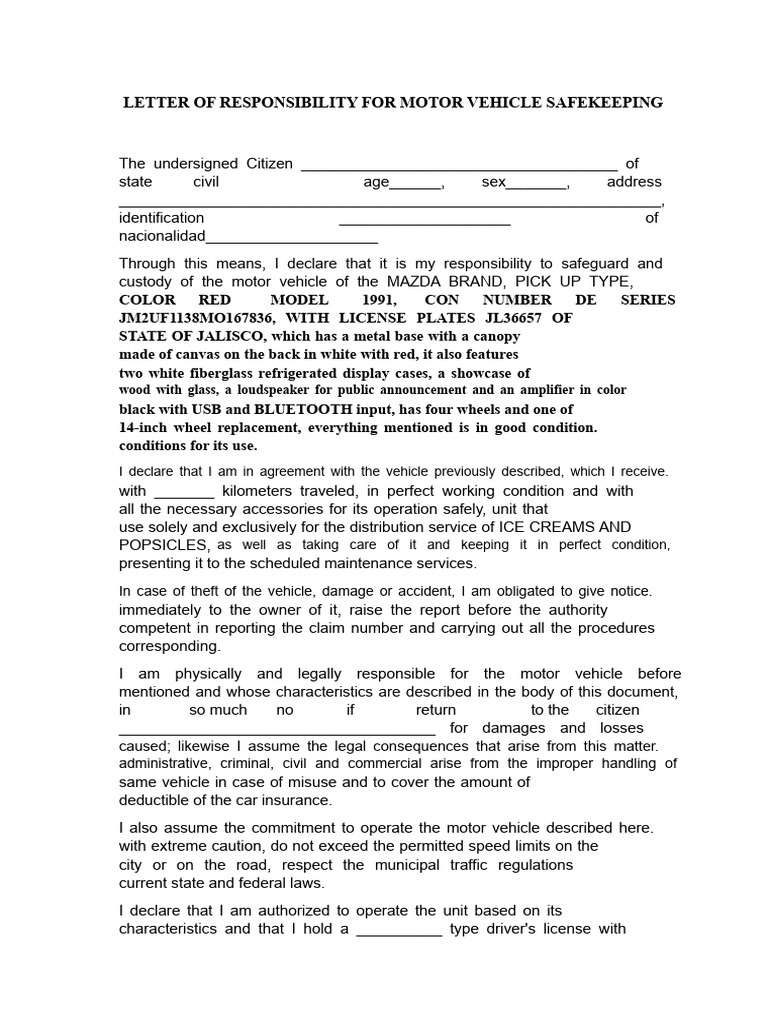 Motor Vehicle Safekeeping Agreement | PDF | Vehicles | Automotive Industry