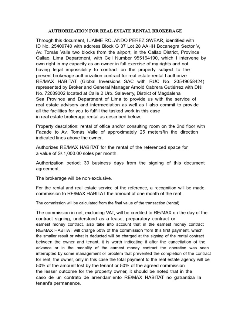 Authorization for Rental Brokerage Real Estate | PDF | Renting | Law ...