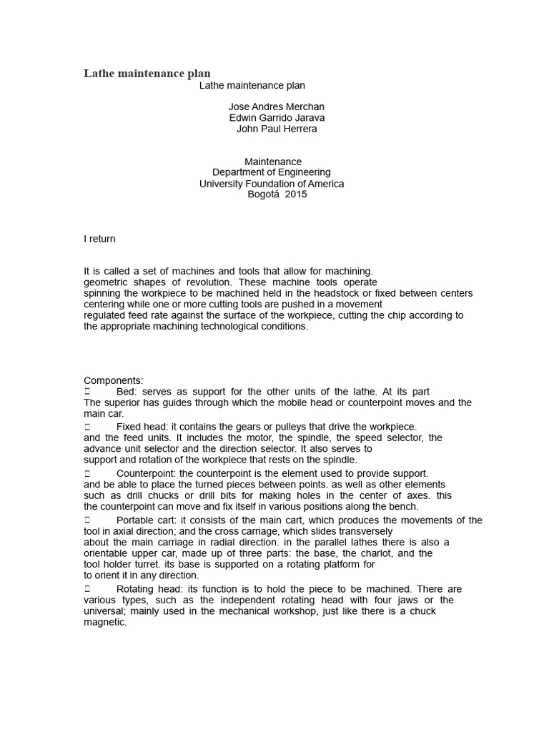Lathe Maintenance Plan Guide | PDF | Mechanical Engineering ...