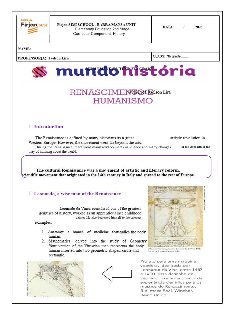 World History - Renaissance and Humanism (7th grade) | PDF ...