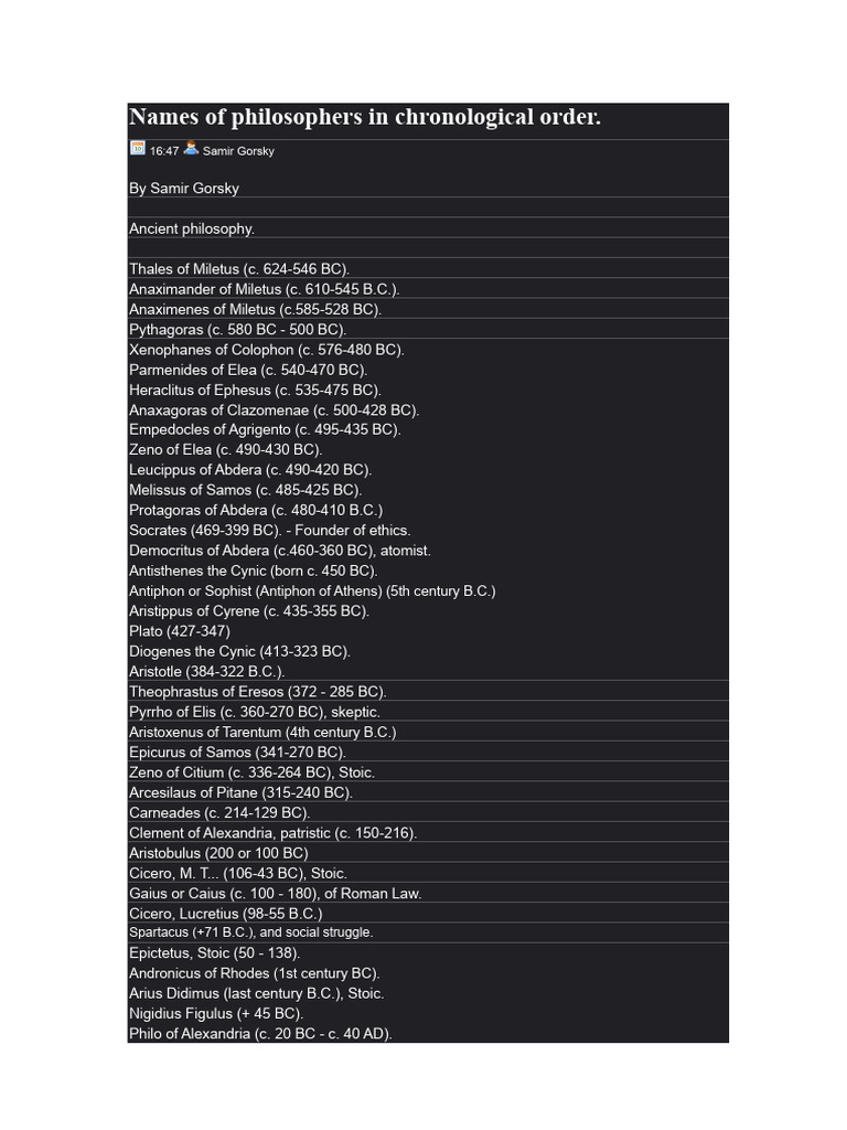 Chronological List of Philosophers | PDF | Ancient Greek Philosophy