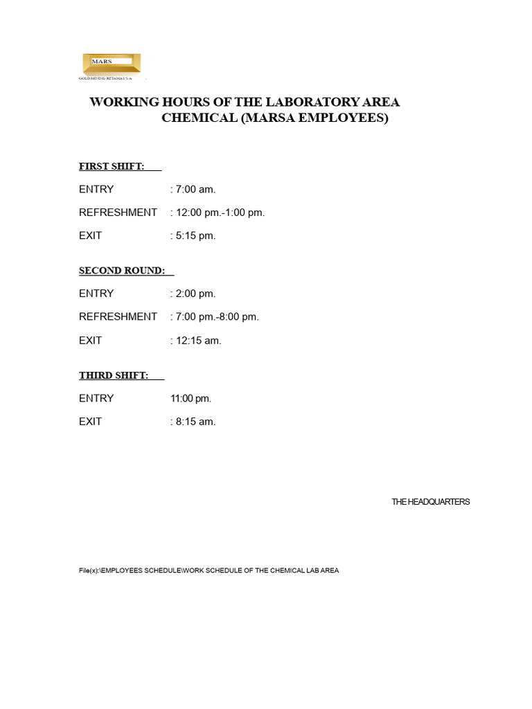 Chemical Lab Working Hours Schedule | PDF