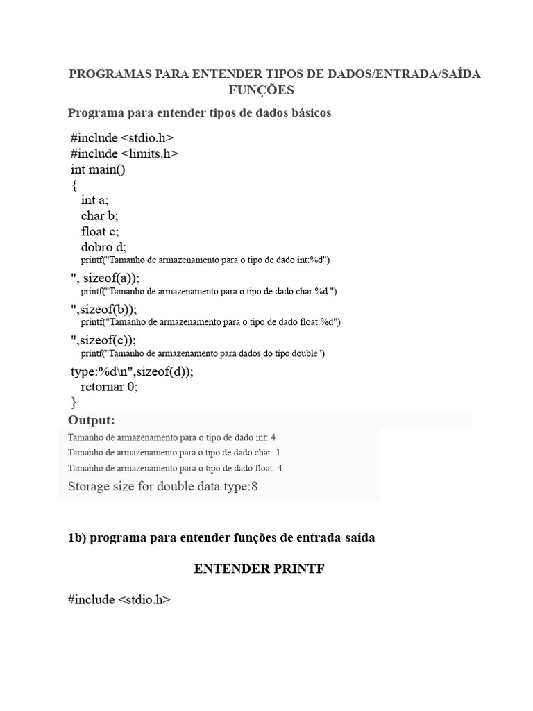 Programas em C: Tipos de Dados e Funções | PDF | Tipo de dados ...