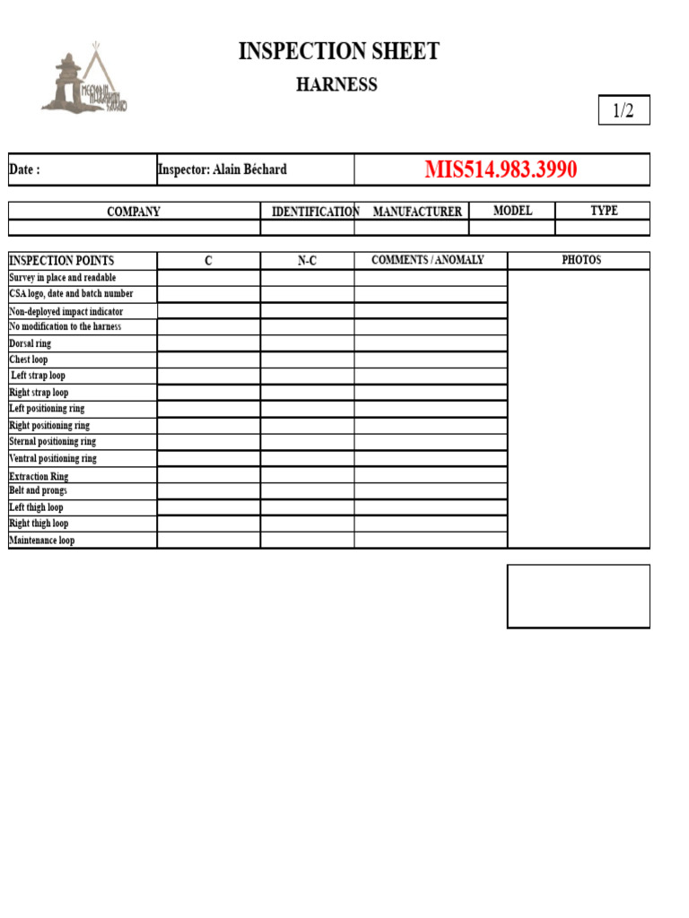 Harness and Energy Absorber Inspection Sheet | PDF | Fashion | Clothing
