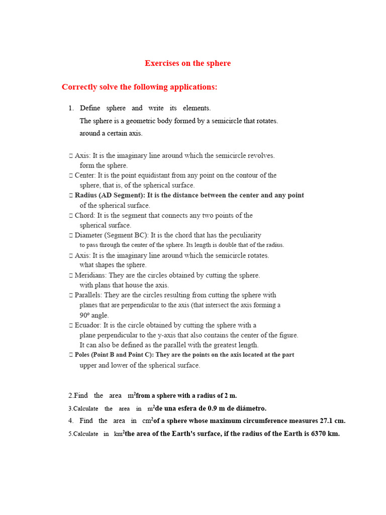 Sphere Geometry Exercises and Solutions | PDF