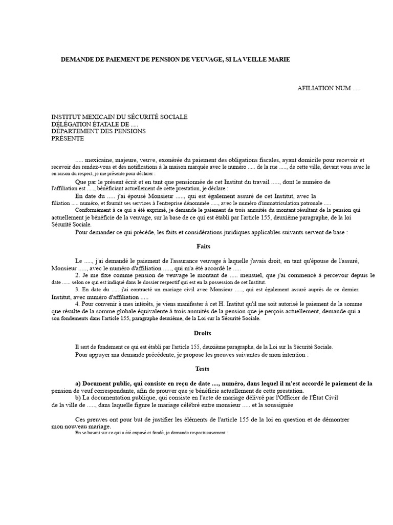 Demande de paiement de pension de veuvage | PDF | Mariage