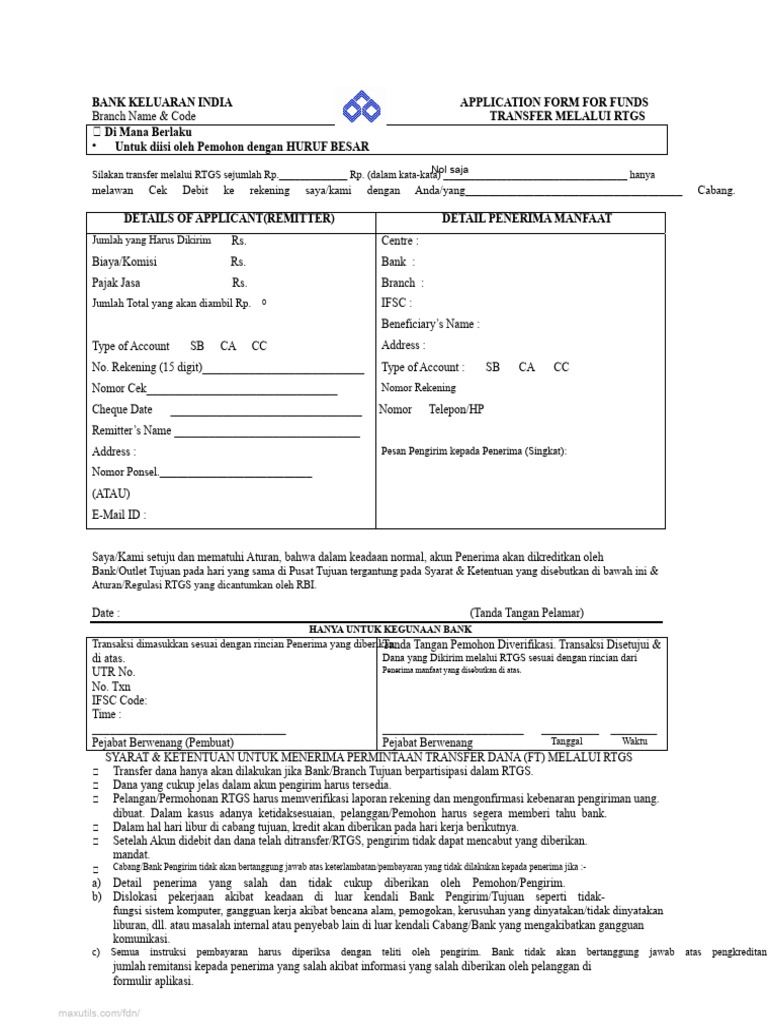 Formulir Transfer Dana RTGS India | PDF