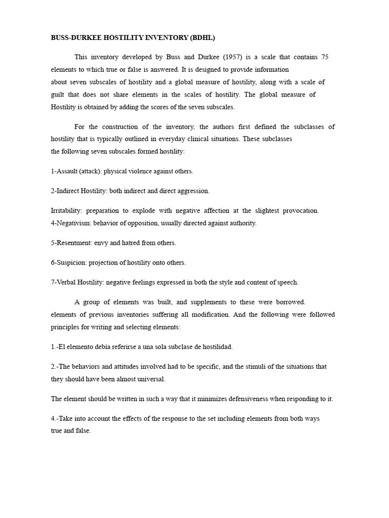 Buss-Durkee Hostility Inventory Overview | PDF | Aggression | Attitude ...