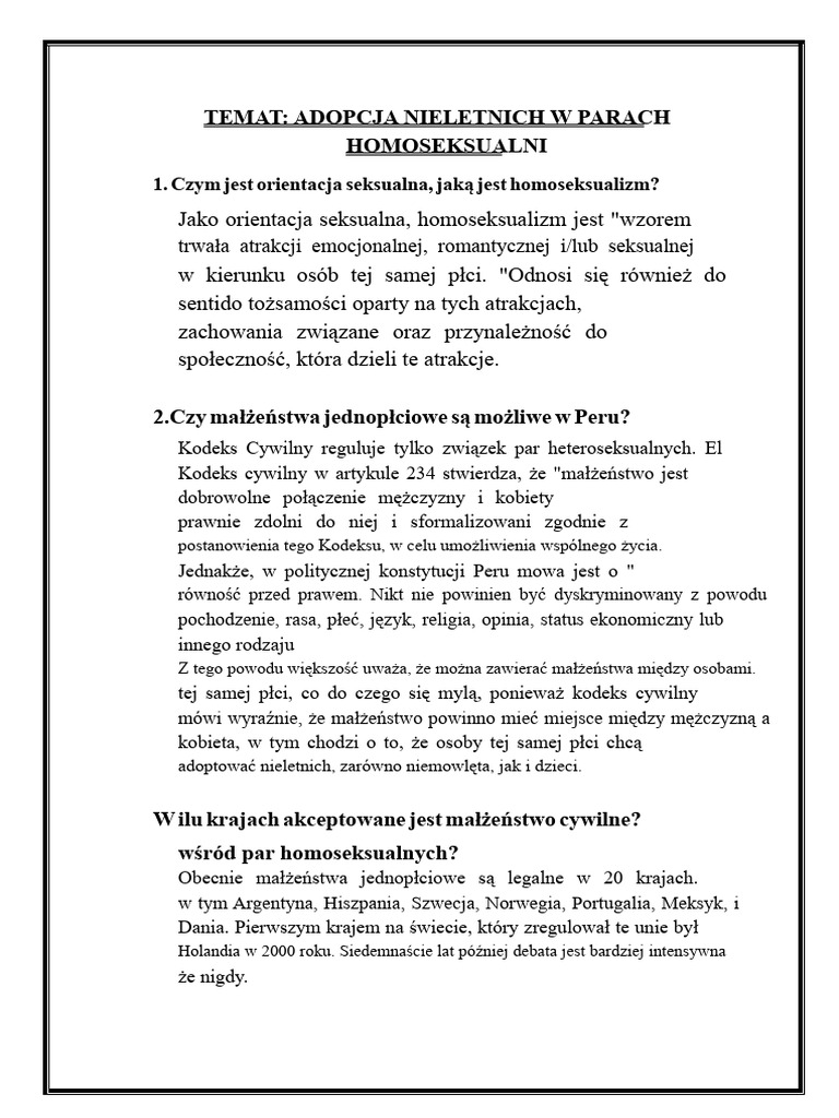 Pytania Dotyczące Adopcji W Parach Homoseksualnych | PDF
