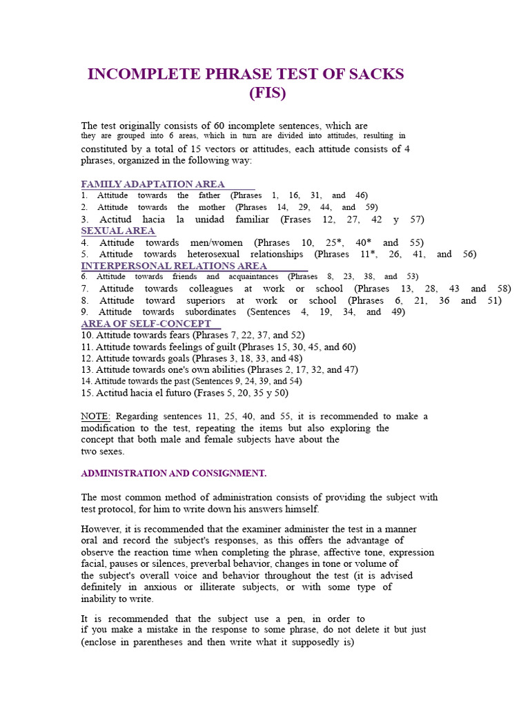 Incomplete Phrase Test Overview | PDF | Mind | Thought