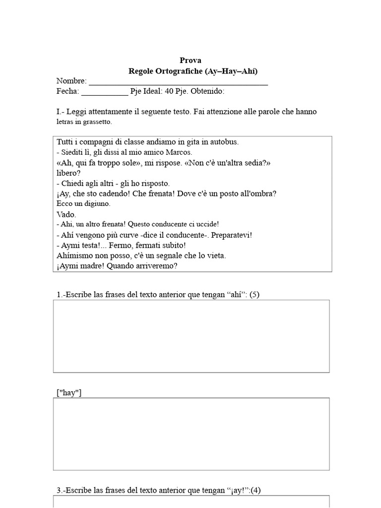 Prova Di Ortografia Uso Di Hay Ahi Ay | PDF