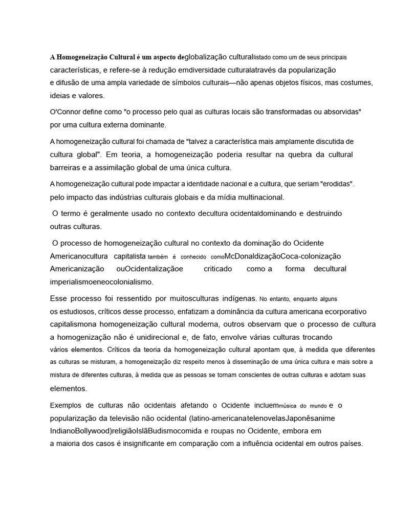Homogeneização Cultural e Globalização | PDF
