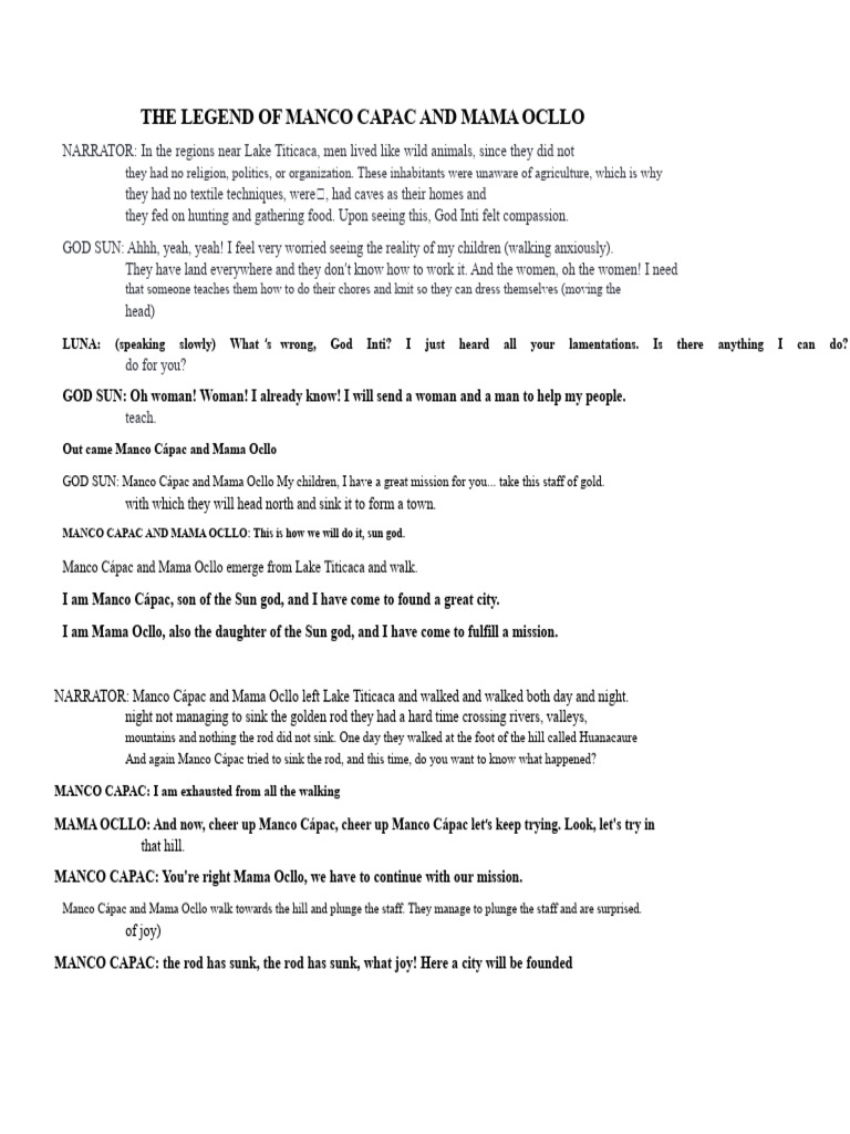 The Legend of Manco Capac and Mama Ocllo | PDF | Inca Empire