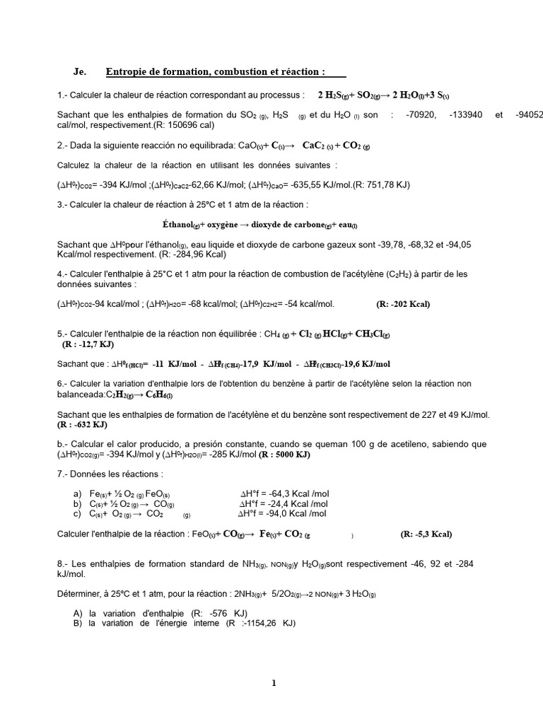 Calculs d'enthalpie et réactions chimiques | PDF | Réactions chimiques ...