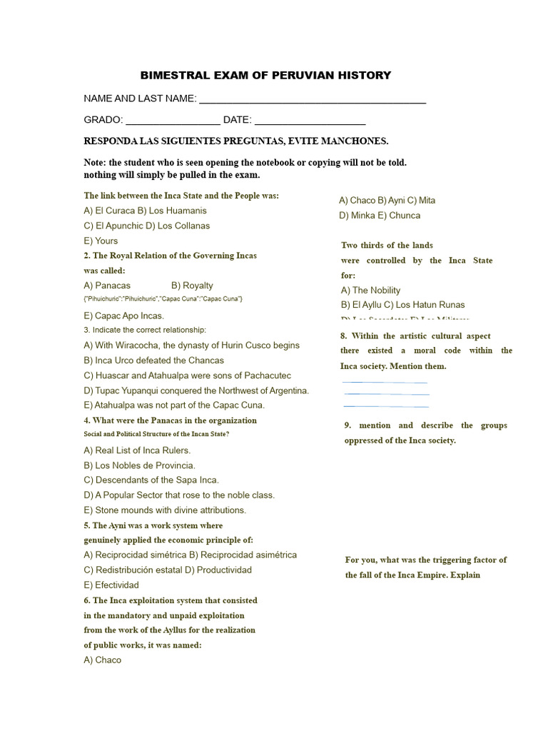 Bimonthly History Exam of Peru | PDF | Inca Empire | Indigenous Peoples ...
