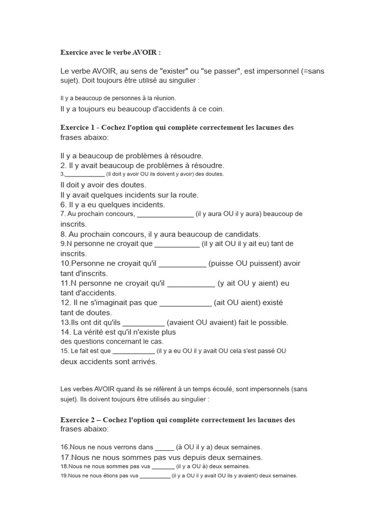 Exercice sur le verbe AVOIR en français | PDF