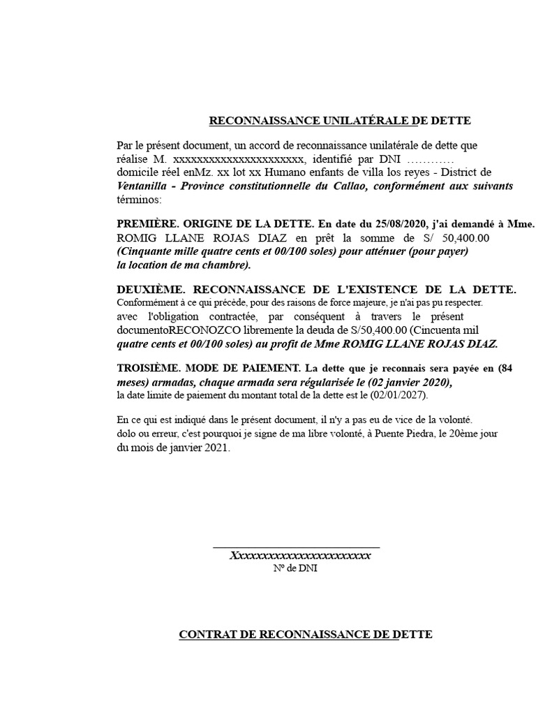 Reconnaissance Unilatérale de Dette | PDF | Dettes | Débiteur
