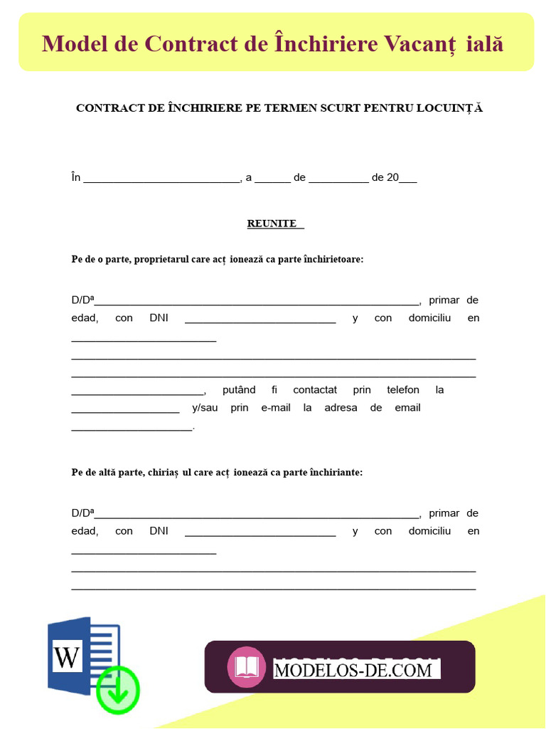 Model de Contract de Închiriere Pentru Vacanță | PDF